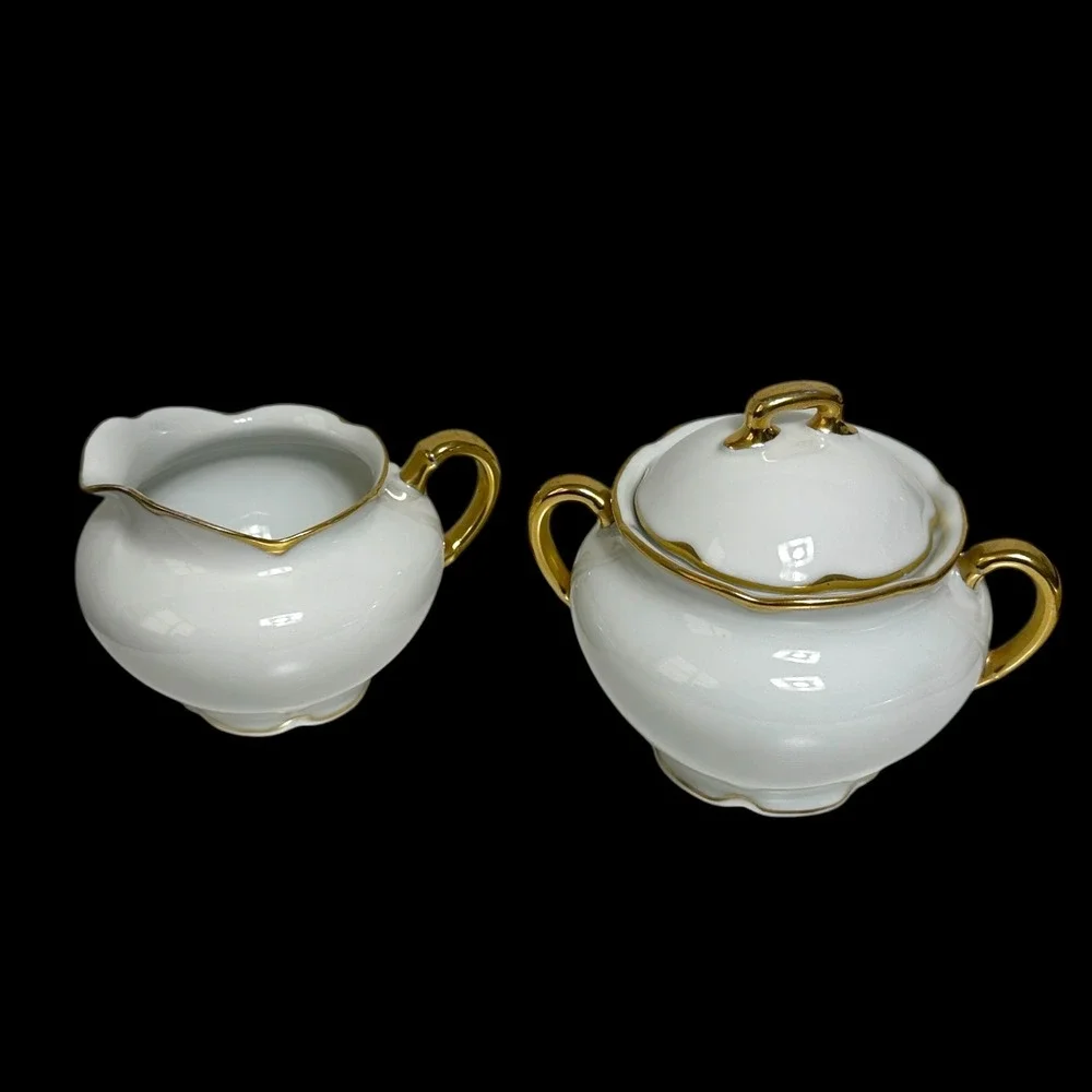 Vintage Epiag Royal Czechoslovakia White Porcelain Gold Trim Sugar & Creamer Set